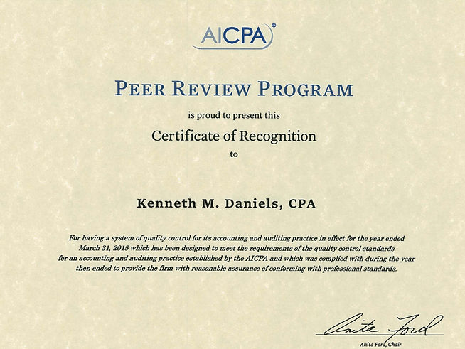 Kenneth M. Daniels CPA peer review Certificate of Recognition